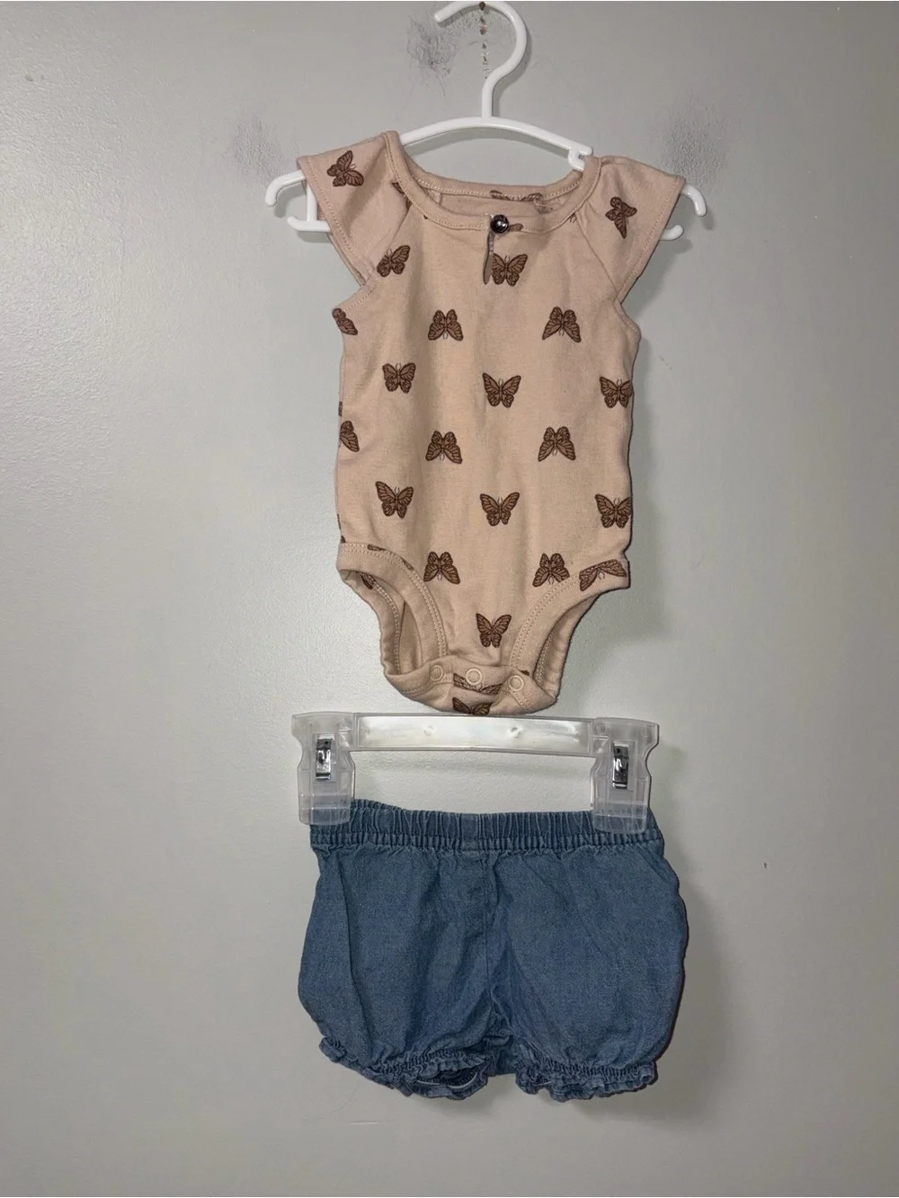 Carters Tan Butterflies Flutter Sleeve Body Suit Denim Shorts Set Girls 3M